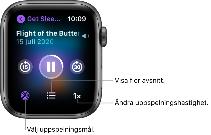 Skärmen Spelas nu i Podcaster som visar programmets namn, avsnittets namn, datumet, knapp för att hoppa bakåt 15 sekunder, pausknapp, knapp för att hoppa framåt 30 sekunder, AirPlay-knapp, avsnittsknapp och knapp för uppspelningshastighet.