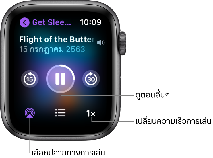 หน้าจอกำลังเล่นอยู่ของพ็อดคาสท์แสดงชื่อรายการ, ชื่อตอน, วันที่, ปุ่มข้ามไปข้างหลัง 15 วินาที, ปุ่มหยุดชั่วคราว, ปุ่มข้ามไปข้างหน้า 30 วินาที, ปุ่ม AirPlay, ปุ่มตอน และปุ่มความเร็วของการเล่น
