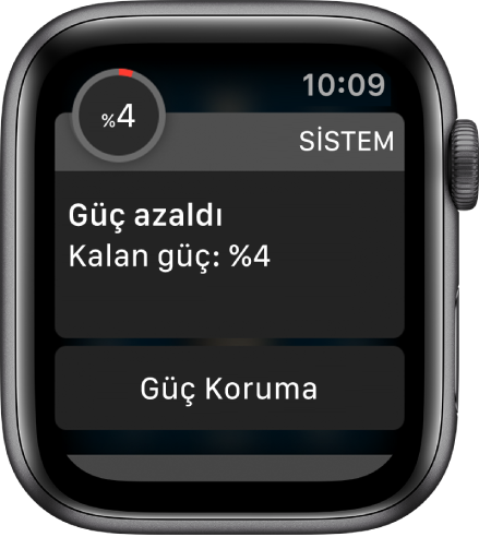 Pil azaldı uyarısı, Güç Koruma moduna geçmek için dokunabileceğiniz bir düğme içerir.