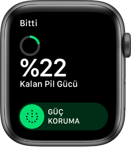 Sol üstte Bitti düğmesi ile kalan pil yüzdesini ve Güç Koruma sürgüsünü gösteren Güç Koruma ekranı.