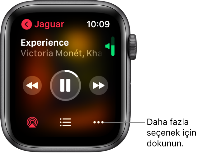 Müzik uygulamasında Şu Anda Çalınan ekranı. Albüm adı sol üsttedir. Parça adı ve sanatçı en üstte, çalma denetimleri ortada, AirPlay, oarça listesi ve Seçenekler düğmeleri altta görünür.