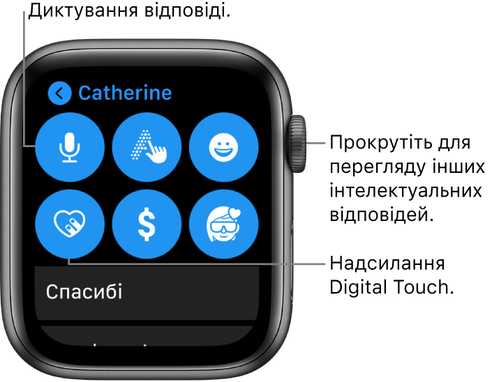 Екран відповіді з кнопками «Диктування», «Рукопис», «Емодзі», Digital Touch, Apple Pay і Memoji. Під ними знаходяться короткі відповіді. Поверніть коронку Digital Crown, щоб переглянути більше коротких відповідей.