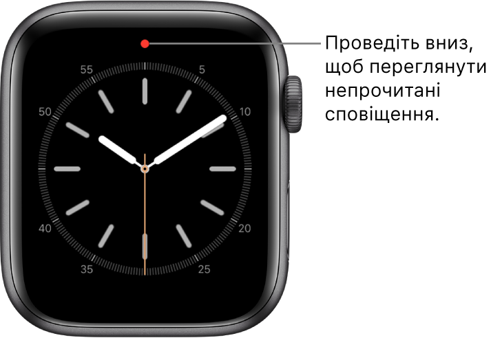 Червона цятка з’являється у верхній частині циферблата, коли у вас є непрочитане сповіщення.
