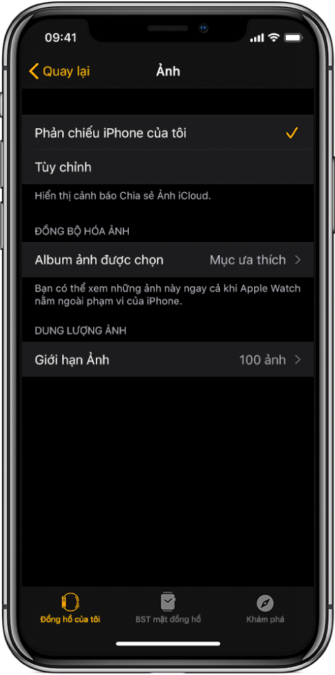 Cài đặt Ảnh trong ứng dụng Apple Watch trên iPhone, với cài đặt Đồng bộ hóa ảnh ở giữa và cài đặt Giới hạn ảnh ở bên dưới đó.