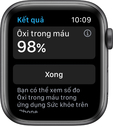 Màn hình kết quả Ôxi trong máu đang hiển thị một độ bão hòa ôxi trong máu là 98 phần trăm. Một nút Xong ở dưới cùng.