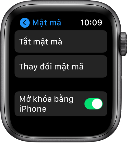 Cài đặt Mật mã trên Apple Watch, với nút Tắt mật mã ở trên cùng, nút Thay đổi mật mã ở bên dưới và công tắc Mở khóa bằng iPhone ở dưới cùng.