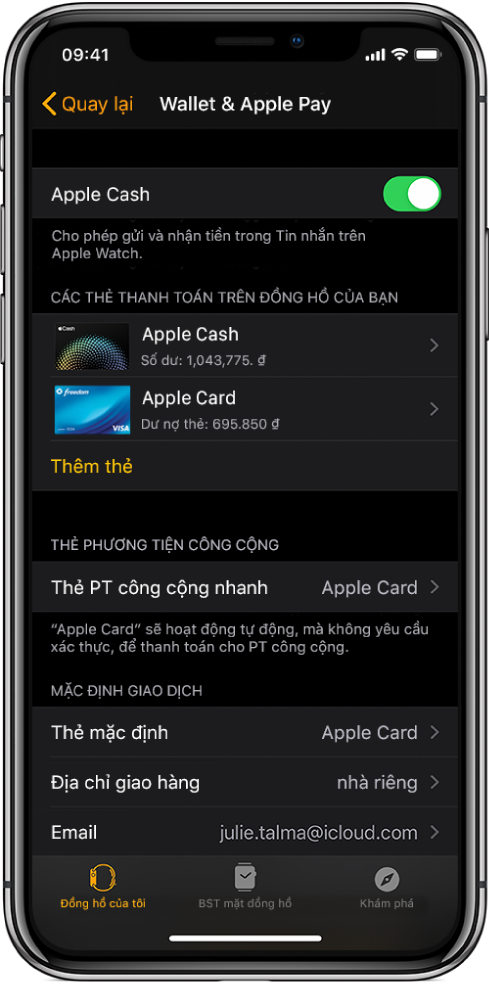 Màn hình Wallet & Apple Pay trong ứng dụng Apple Watch trên iPhone. Màn hình hiển thị các thẻ được thêm vào Apple Watch, thẻ mà bạn đã chọn để sử dụng cho phương tiện công cộng nhanh và cài đặt mặc định của giao dịch.