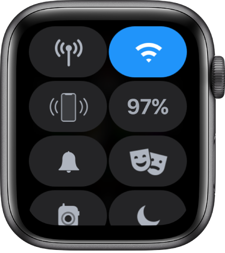 Trung tâm điều khiển đang hiển thị tám nút – Di động, Wi-Fi, Ping iPhone, Pin, Chế độ im lặng, Chế độ rạp hát, Bộ đàm và Không làm phiền.