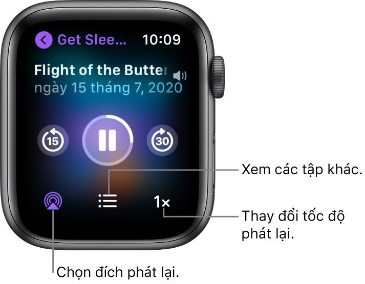 Một màn hình Đang phát của Podcast, đang hiển thị tiêu đề chương trình, tiêu đề tập, ngày, nút bỏ qua về phía sau 15 giây, nút tạm dừng, nút bỏ qua về phía trước 30 giây, nút AirPlay, nút tập và nút tốc độ phát lại.