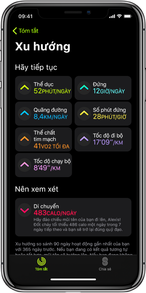 Tab Xu hướng trong ứng dụng Thể chất trên iPhone. Một số lượng số liệu xuất hiện bên dưới đề mục Xu hướng ở gần đầu màn hình. Các số liệu bao gồm Thể dục, Đứng, Quãng đường, v.v. Di chuyển xuất hiện bên dưới đề mục Nên xem xét.