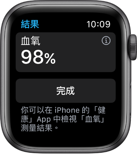 「血氧」結果畫面顯示血氧飽和水平為百分之 98。「完成」切換位於底部。