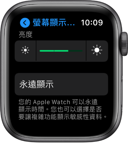 Apple Watch 上的「亮度」設定,最上方為「亮度」滑桿,下方為「永遠顯示」按鈕。