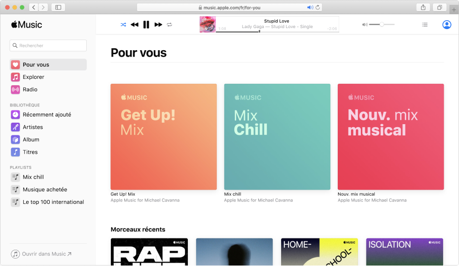 Apple Music sur le web affichant « Pour vous ».