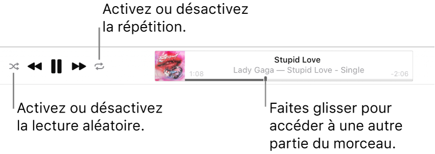 La partie supérieure d’Apple Music avec un morceau en cours de lecture. Les commandes de lecture se trouvent tout à gauche. Le bouton « Ordre aléatoire » se trouve à gauche des commandes de lecture et le bouton Répéter à droite des commandes. Faites glisser la tête de lecture dans la barre de progression pour accéder à une autre partie du morceau.