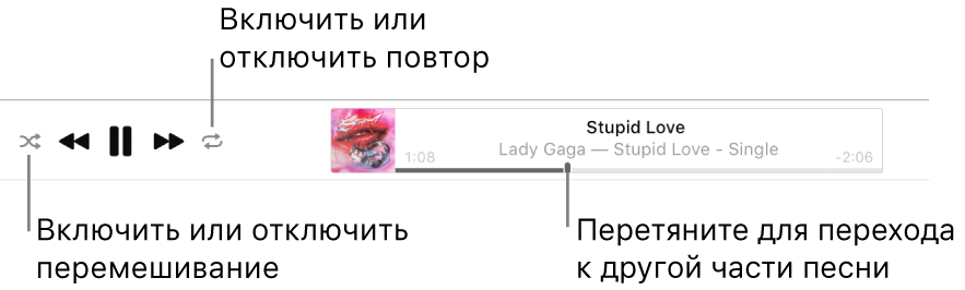 Верхняя часть окна Apple Music, в котором воспроизводится песня. Элементы управления воспроизведением находятся левее. Кнопка перемешивания расположена левее элементов управления воспроизведением, а кнопка повтора — правее. Перетяните указатель воспроизведения, чтобы перейти к нужной части песни.