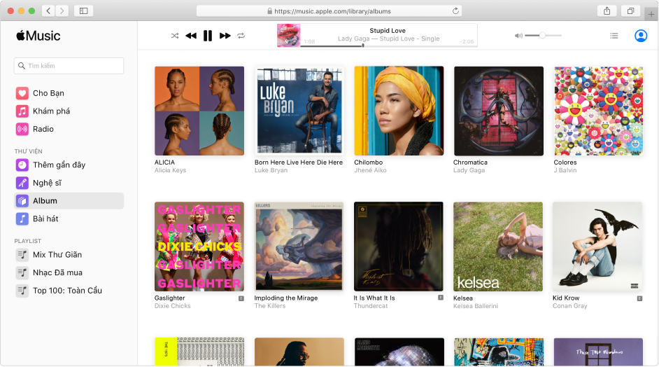 Apple Music trên web với một thư viện gồm nhiều album.