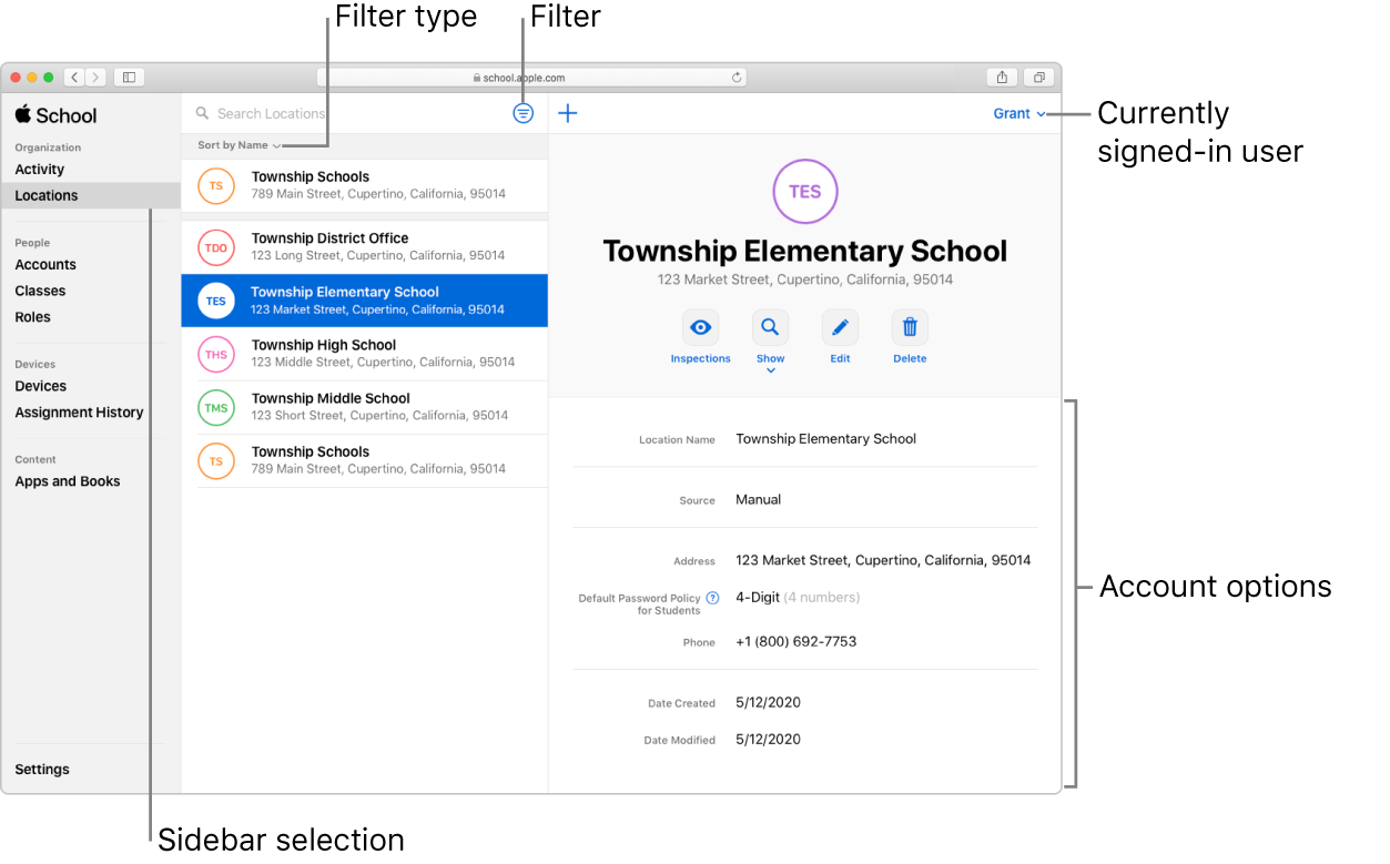 Kuvassa on Apple School Managerin pääikkuna.
