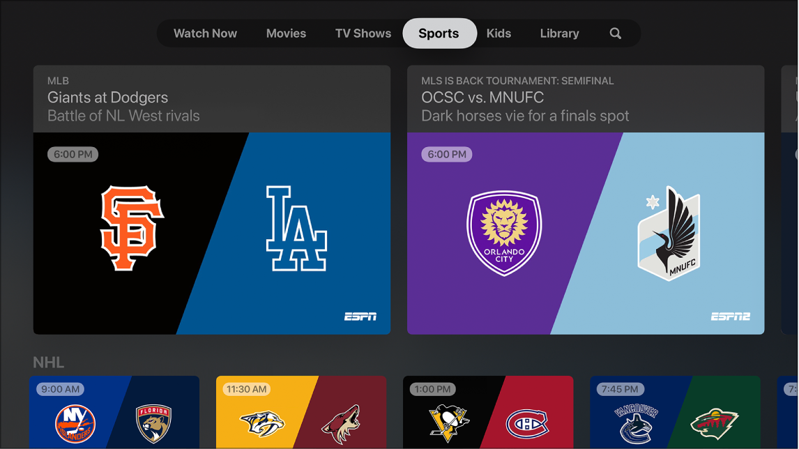 Screen showing Sport