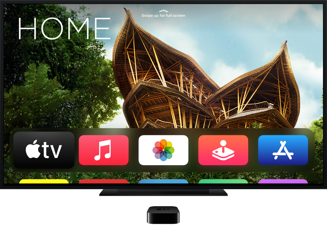 Apple TV conectado a una televisión mostrando la pantalla de inicio