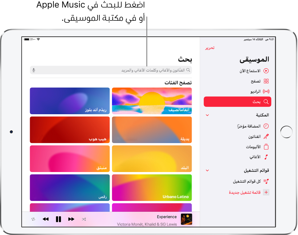 شاشة البحث تعرض الشريط الجانبي على اليمين، وحقل بحث في أعلى اليسار. يعرض القسم تصفح الفئات أدناه عدة فئات.