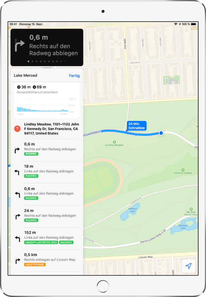 Eine Karte mit einem Ausschnitt aus einer Fahrradroute. Auf der linken Seite befindet sich eine Liste mit Abbiegeanweisungen für die Route.