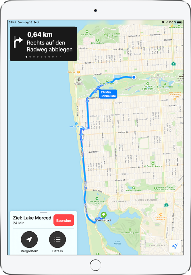 Eine Übersichtskarte mit der Fahrradroute zwischen zwei Parks in San Francisco.