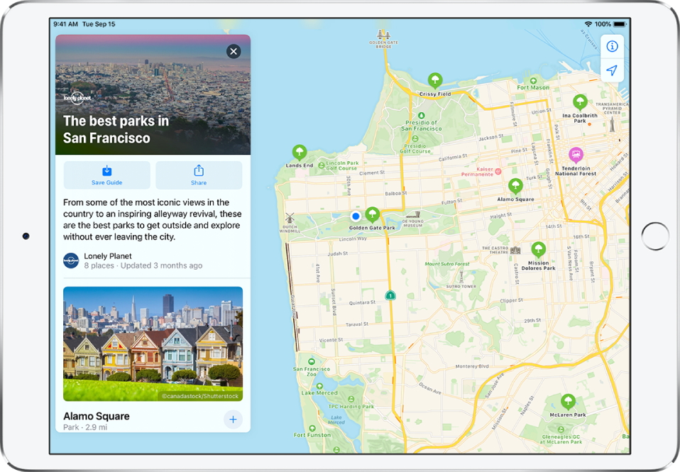 A guide to parks in San Francisco on the left side of a city map.