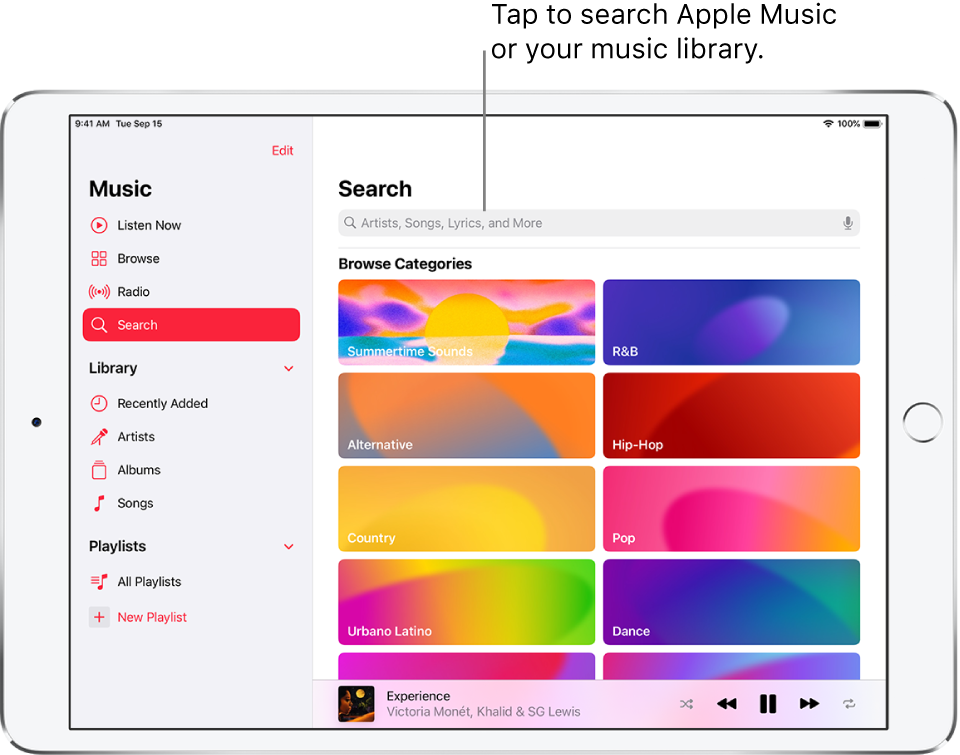 The Search screen showing the sidebar at the left and a search field at the top right. The Browse Categories section below shows multiple categories.