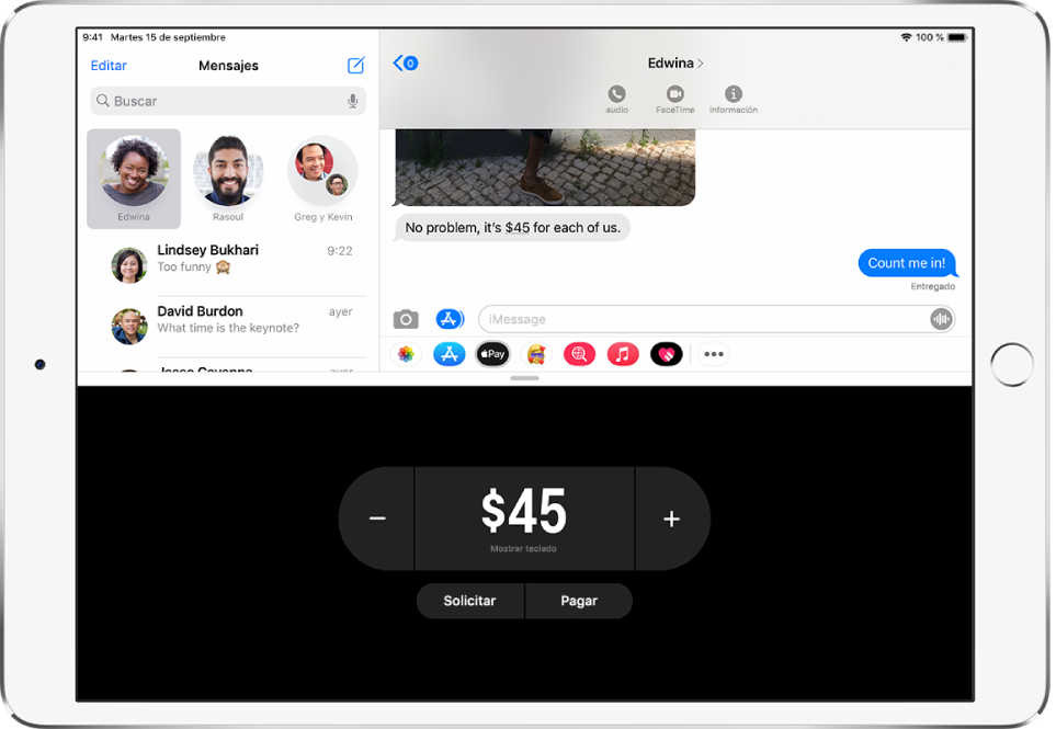 Conversación de iMessage con la app Apple Pay abierta en parte inferior.