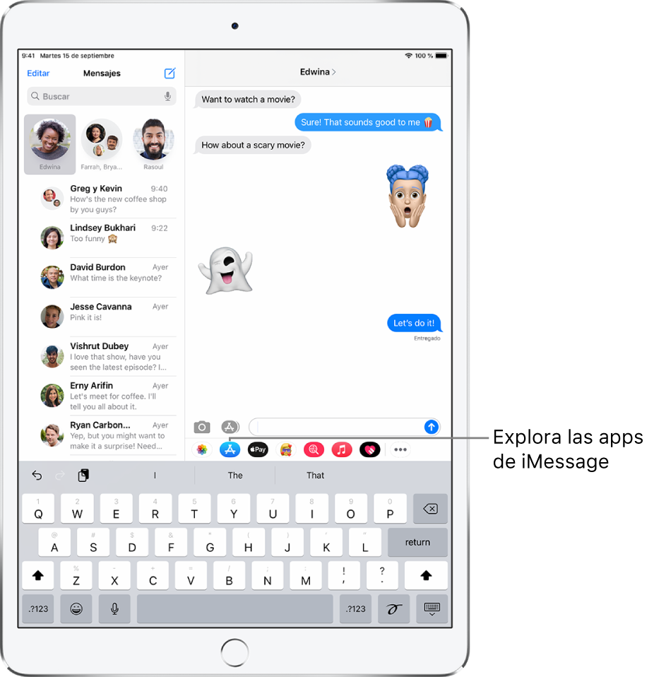 Una ventana de Mensajes con el botón “Navegador de apps” seleccionado. En la sección de apps abierta se muestran stickers con emoticonos.