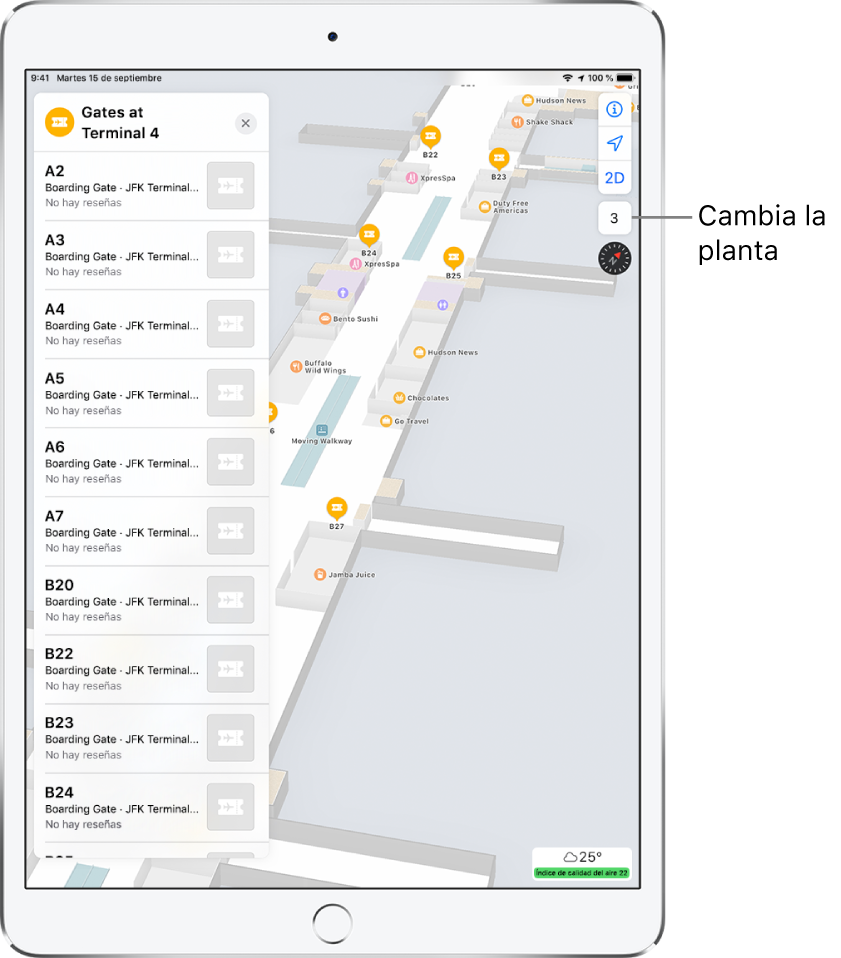 Un mapa del interior de la terminal de un aeropuerto. El mapa muestra los comercios y las puertas de embarque. En la parte izquierda de la pantalla, una tarjeta identifica las puertas de la Terminal 4.