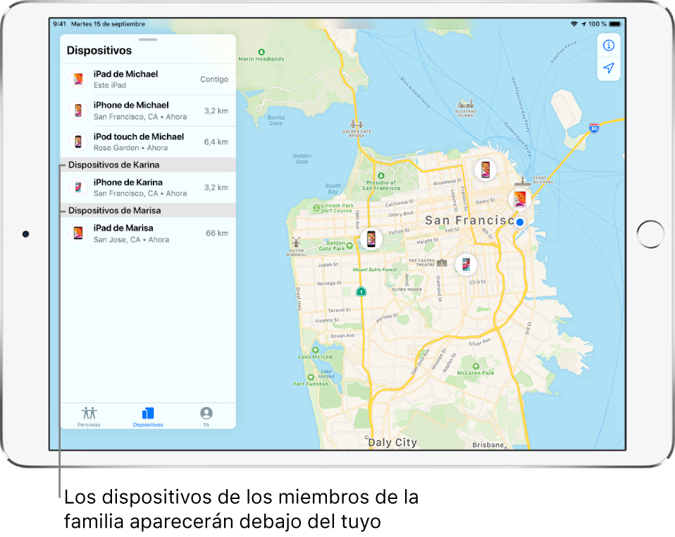 App Buscar abierta en la pestaña Dispositivos. Los dispositivos de Manuel están en la parte superior de la lista. Debajo está el iPhone de Carmen y el iPad de Marisa. Sus ubicaciones se muestran en un mapa de San Francisco.
