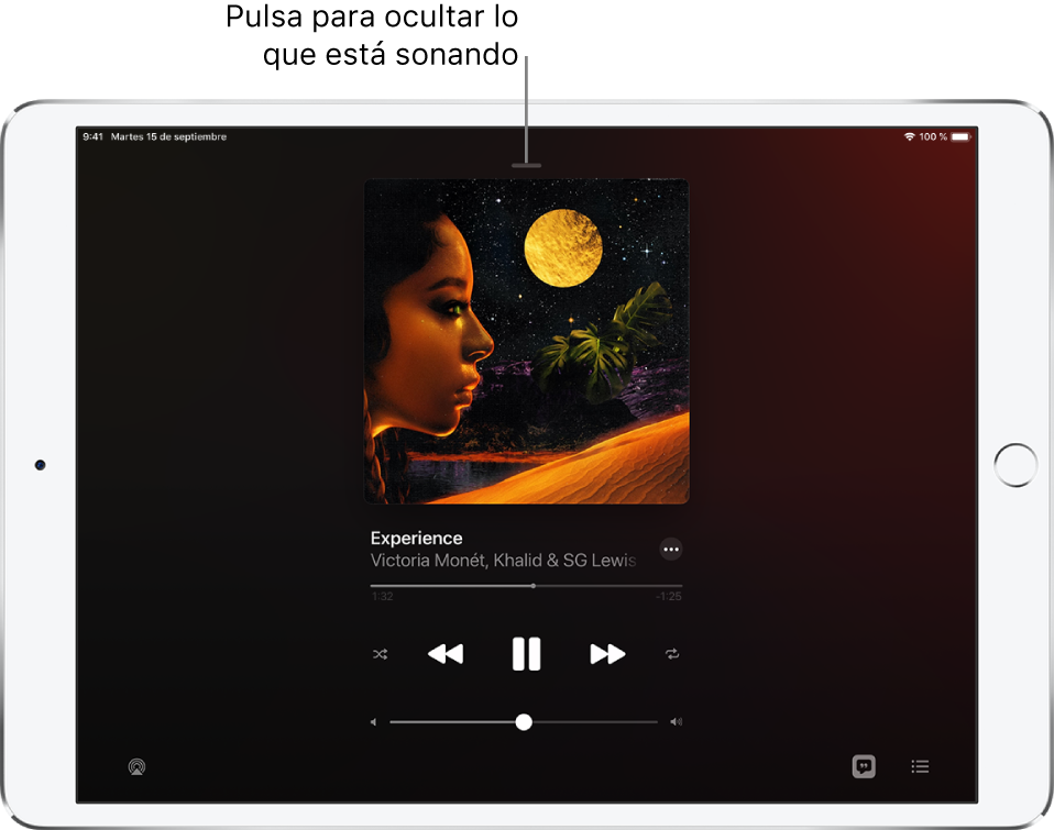 Pantalla “En reproducción” con la ilustración del álbum. Debajo se encuentran el título de la canción, el nombre del artista, el botón Más, el cursor de reproducción, los controles de reproducción, el regulador de volumen y los botones Letra, “Destino de la reproducción” y Cola. El botón de ocultar “En reproducción” se encuentra en la parte superior.