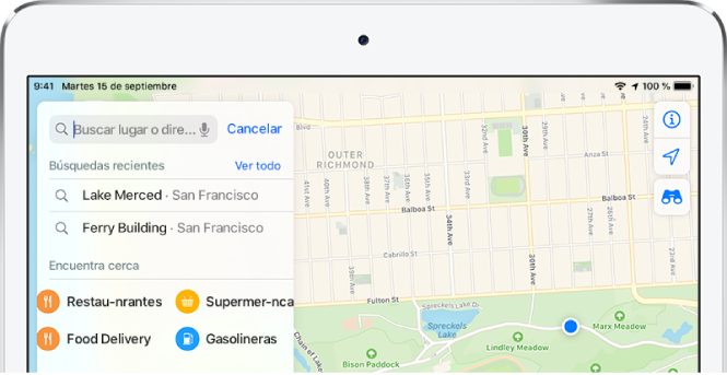 En la parte izquierda de la pantalla se muestran las categorías de cuatro servicios cercanos en la tarjeta de búsqueda. Las categorías son Restaurants, Groceries, “Food Delivery” y “Gas Stations”.