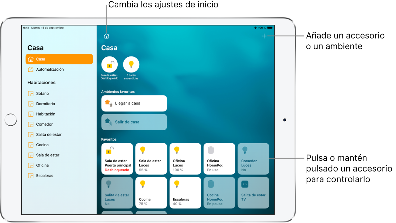 App Casa con la barra lateral a la izquierda con las pestañas Casa y Automatización cerca de la parte superior. Debajo aparecen las habitaciones de la casa. Arriba a la derecha están Casas, el botón “Casas y ajustes” y el botón Añadir. Cerca de la parte superior hay dos botones de estado: uno para la cerradura de la puerta principal y otro para ocho luces, que están encendidas. Debajo, se muestran ambientes y accesorios que se han marcado como favoritos.