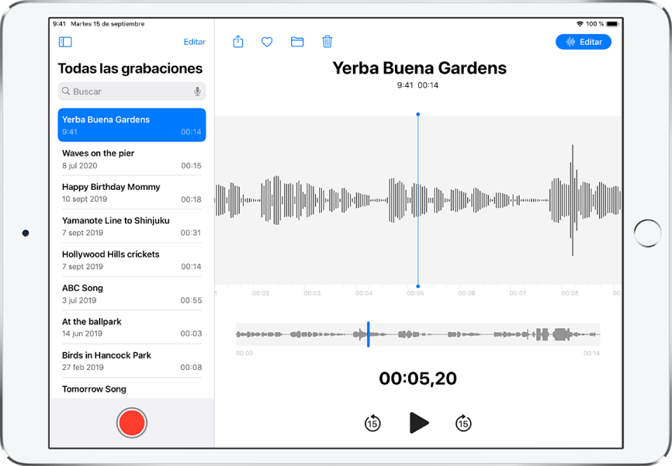 Lista de Notas de Voz con una grabación seleccionada arriba. Tiene un cursor de reproducción, que puedes arrastrar para ir a un punto determinado de la grabación, y una línea de tiempo debajo de la forma de onda. Encima están los botones Compartir, Eliminar, Editar y Acortar. Bajo la línea de tiempo, se encuentran los botones para rebobinar 15 segundos, reproducir y avanzar rápido 15 segundos. A la izquierda se encuentra una lista de otras grabaciones que se pueden abrir con una pulsación.