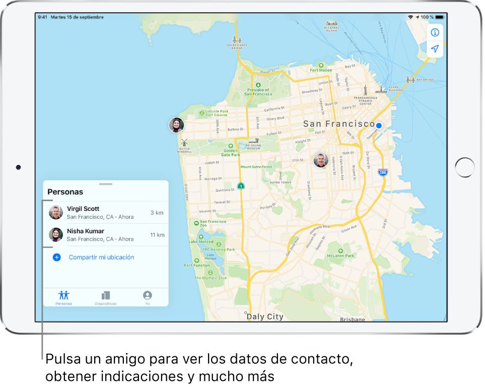 Pantalla de Buscar abierta en la pestaña Personas. Hay dos amigos en la lista Personas: Vicente Sarrió y Nerea Colomer. Sus ubicaciones se muestran en un mapa de San Francisco.