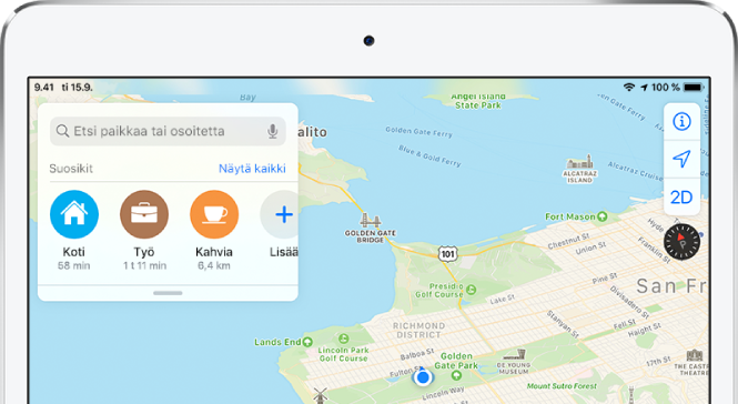 San Franciscon alueen kartta, jossa hakukentän alapuolella näkyy kolme suosikkia. Suosikit ovat Koti, Työ ja Kahvi.