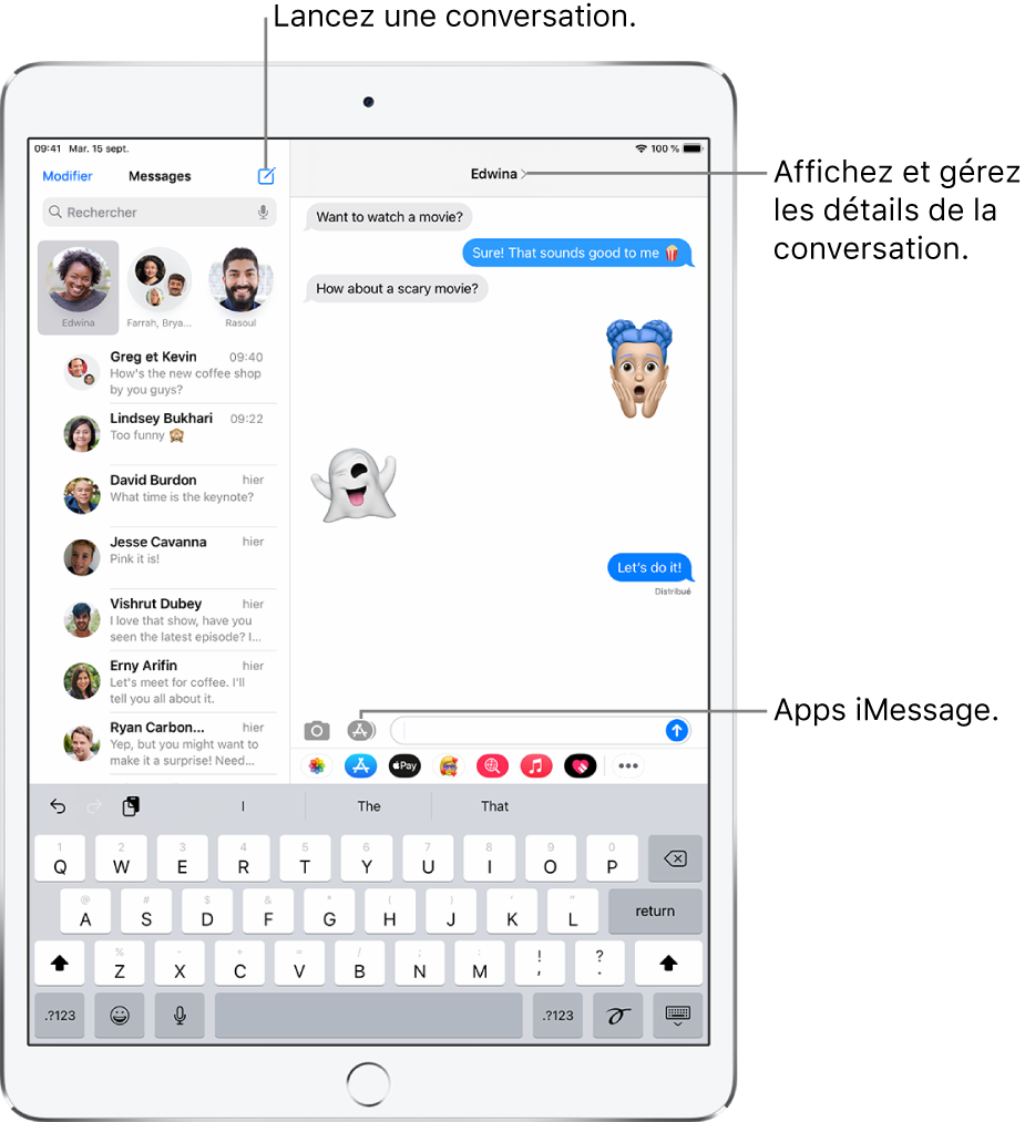Liste de messages sur la gauche et conversation sur la droite.