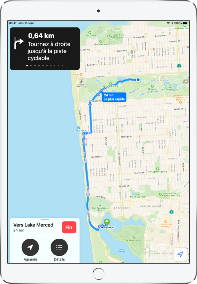 Un plan global montrant des itinéraires à vélo entre deux parcs à San Francisco.