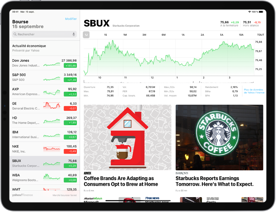 L’écran Bourse en orientation paysage. Le champ de recherche se trouve dans le coin supérieur gauche. En dessous du champ de recherche se trouve la liste de suivi. Une action dans la liste de suivi est sélectionnée. Au milieu de l’écran, un graphique affiche les performances de l’action sélectionnée tout au long d’une année. Au-dessus du graphique se trouvent les boutons permettant d’afficher les performances de l’action sur une journée, une semaine, un mois, trois mois, six mois, un an, deux ans, cinq ans ou dix ans. Sous le graphique se trouvent les détails de l’action, comme le cours d’ouverture, la valeur la plus haute, la valeur la plus basse et la capitalisation de marché. Sous les détails du graphique se trouvent les articles Apple News liés à l’action.
