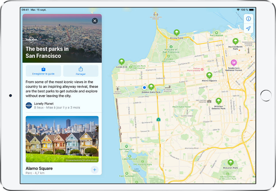 Un guide des parcs de San Francisco sur la gauche d’une carte de la ville.