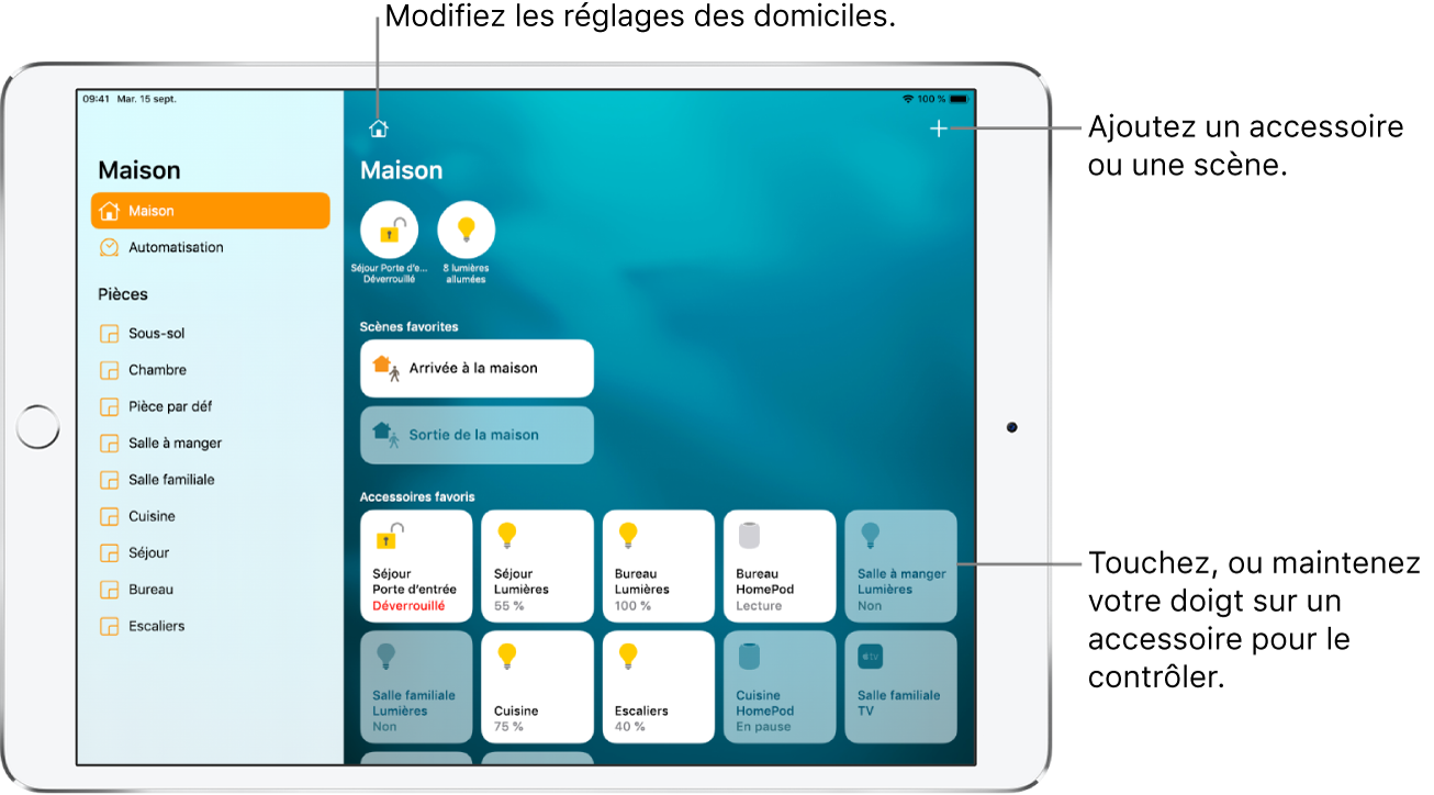 L’app Maison avec la barre latérale sur la gauche affichant les onglets Maison et Automatisation près du haut de l’écran. Les pièces de la maison figurent en dessous. En haut à droite se trouvent les boutons Domiciles, « Réglages de Maison » et Ajouter. Deux boutons d’état sont affichés près du haut de l’écran, l’un pour la serrure de la porte avant, l’autre pour 8 lumières. Les deux boutons sont activés. En dessous, des scènes et des accessoires ont été marqués comme favoris.