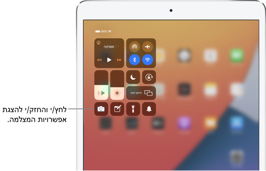 בדגמי iPad עם Wi-Fi + Cellular, הפקדים של מצב טיסה, נתונים סלולריים, רשתות אלחוטיות ו‑Bluetooth נמצאים בקבוצה השמאלית העליונה של ״מרכז הבקרה״. הסבר לגבי פקד המצלמה מציין כי יש לגעת ולהחזיק את סמל המצלמה (בפינה השמאלית התחתונה) כדי להציג אפשרויות נוספות של המצלמה.