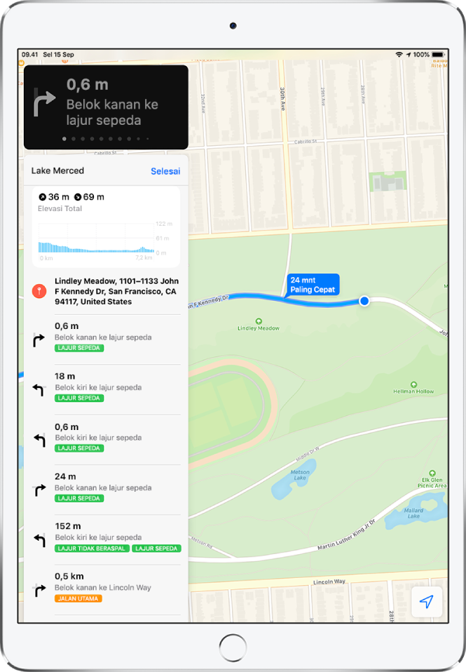 Peta menampilkan bagian dari rute bersepeda. Di sebelah kiri terdapat daftar petunjuk berbelok untuk rute.