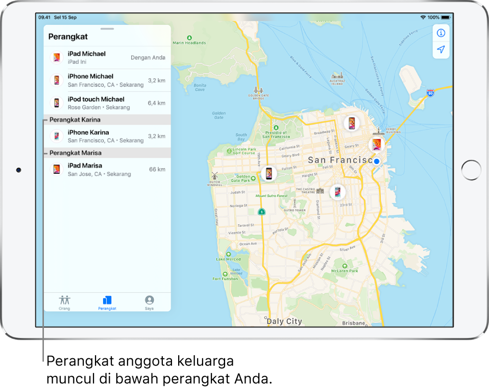 App Lacak dibuka ke tab Perangkat. Perangkat Michael berada di bagian atas daftar. Di bawahnya terdapat iPhone Karina dan iPad Marisa. Lokasinya ditampilkan di peta dari San Francisco.