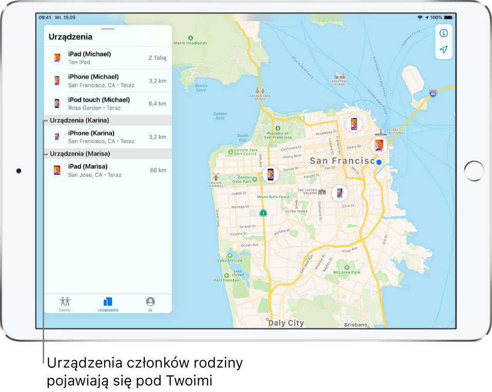 Karta Urządzenia w aplikacji Lokalizator. Na górze listy widoczne są urządzenia Michała. Poniżej znajduje się iPhone (Karolina) oraz iPad (Marta). Ich położenie wyświetlane jest na mapie San Francisco.