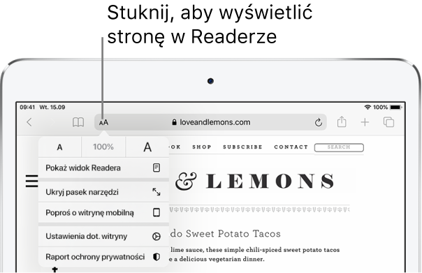 Pasek narzędzi Safari, zawierający ikonę Reader wyświetlaną z lewej strony pola adresu.