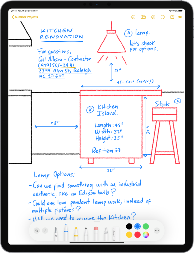 Uma nota a mostrar desenhos com texto manuscrito.