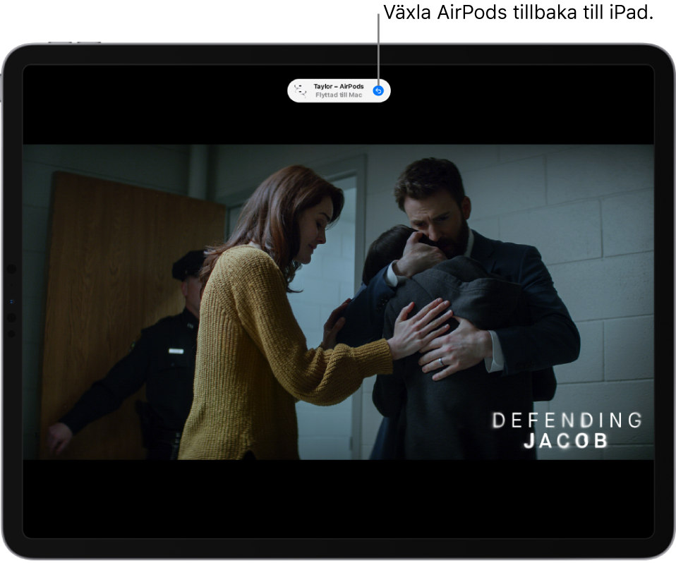 iPad-skärmen med ett meddelande med texten ”AirPods Pro för Taylor flyttade till Mac” överst och en knapp för att växla tillbaka AirPods till iPad.